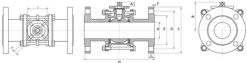 Габаритные размеры трехсоставного шарового клапана с пневмоприводом