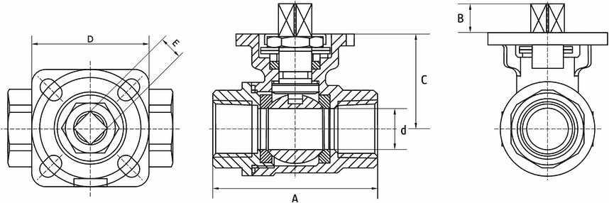 Габаритные размеры двухсоставного шарового клапана серии BAV