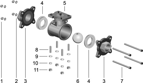 Состав трехсоставного резьбового клапана под пневмопривод